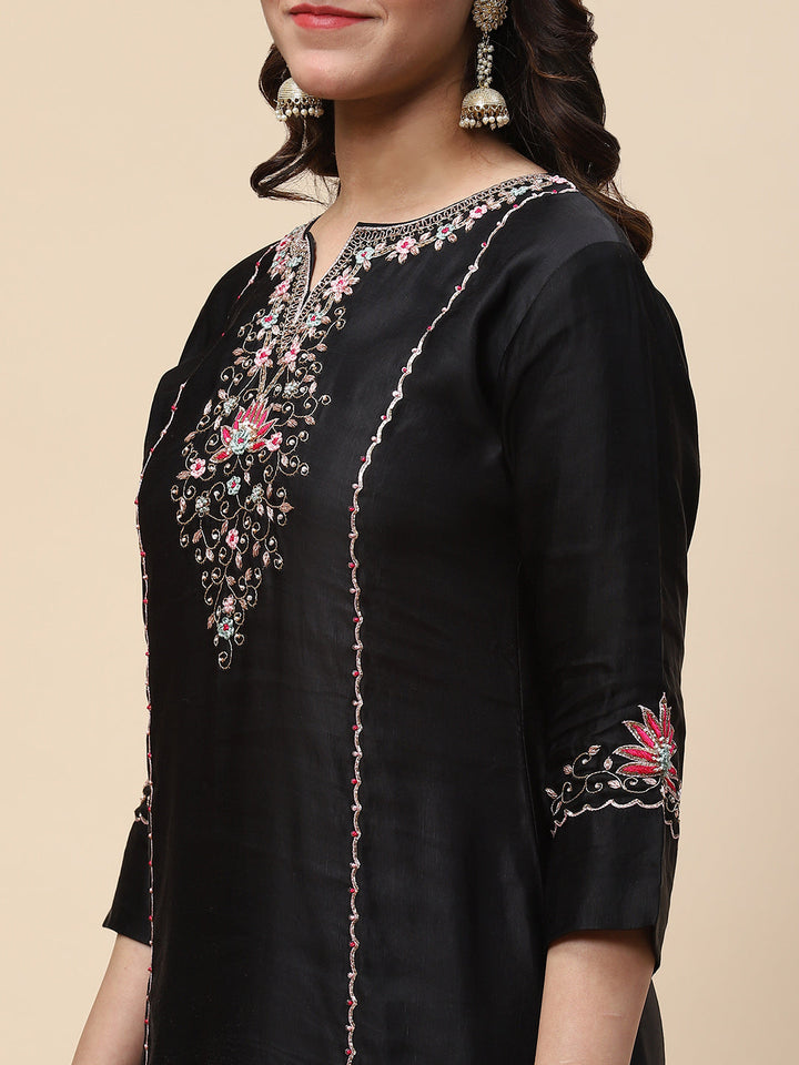 Neck Embroidered Satin Kurta