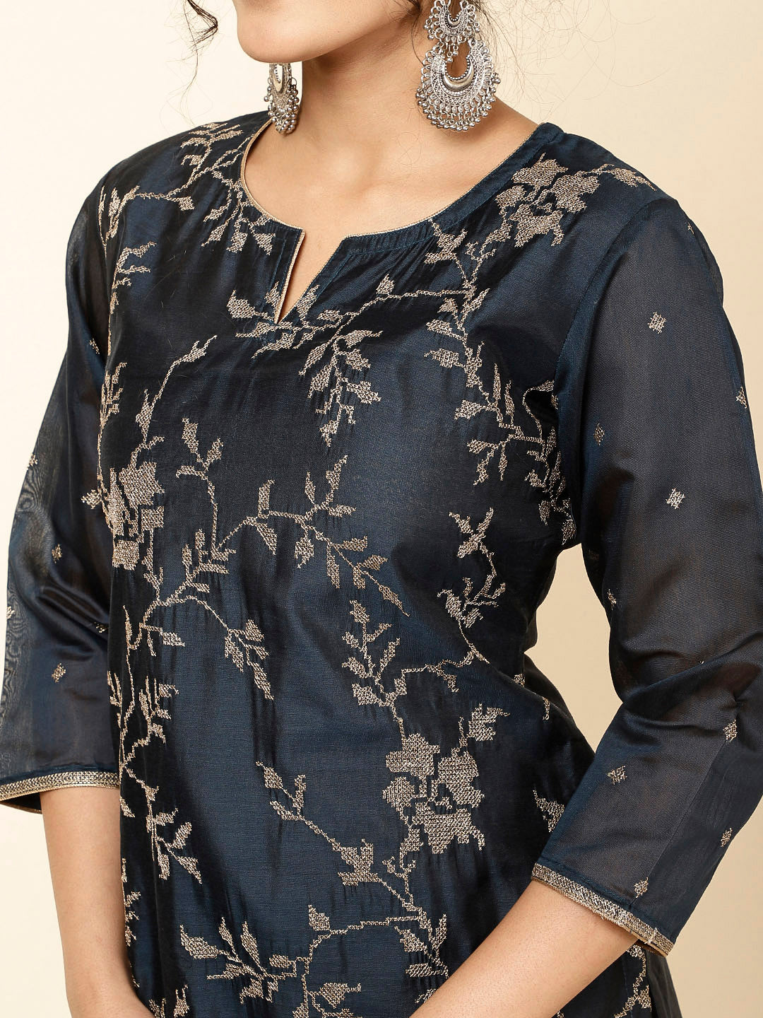 Embroidered Cotton Kurta With Pants & Dupatta