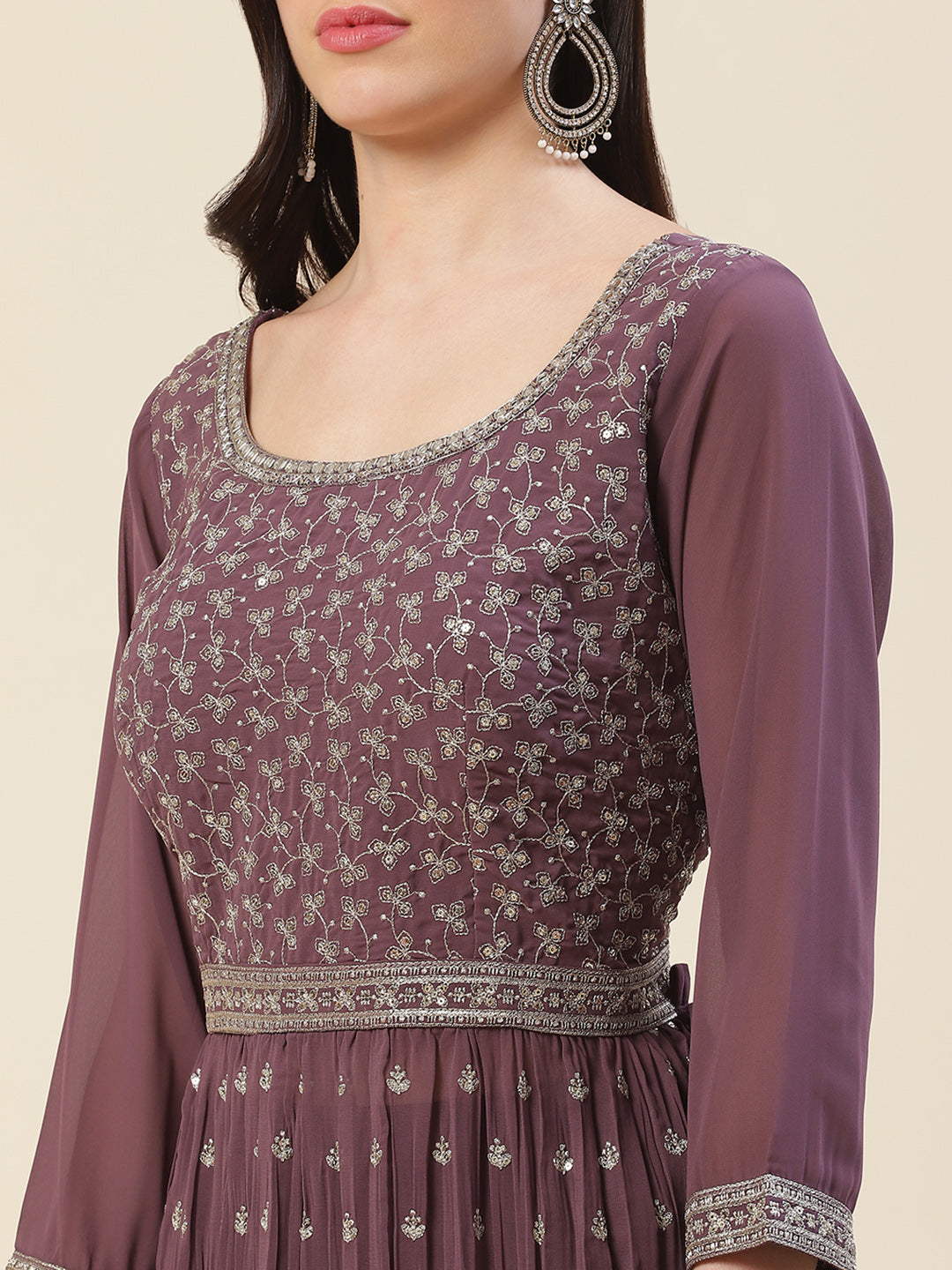 Zari Embroidered Booti Georgette Kurta With Palazzo &amp; Dupatta