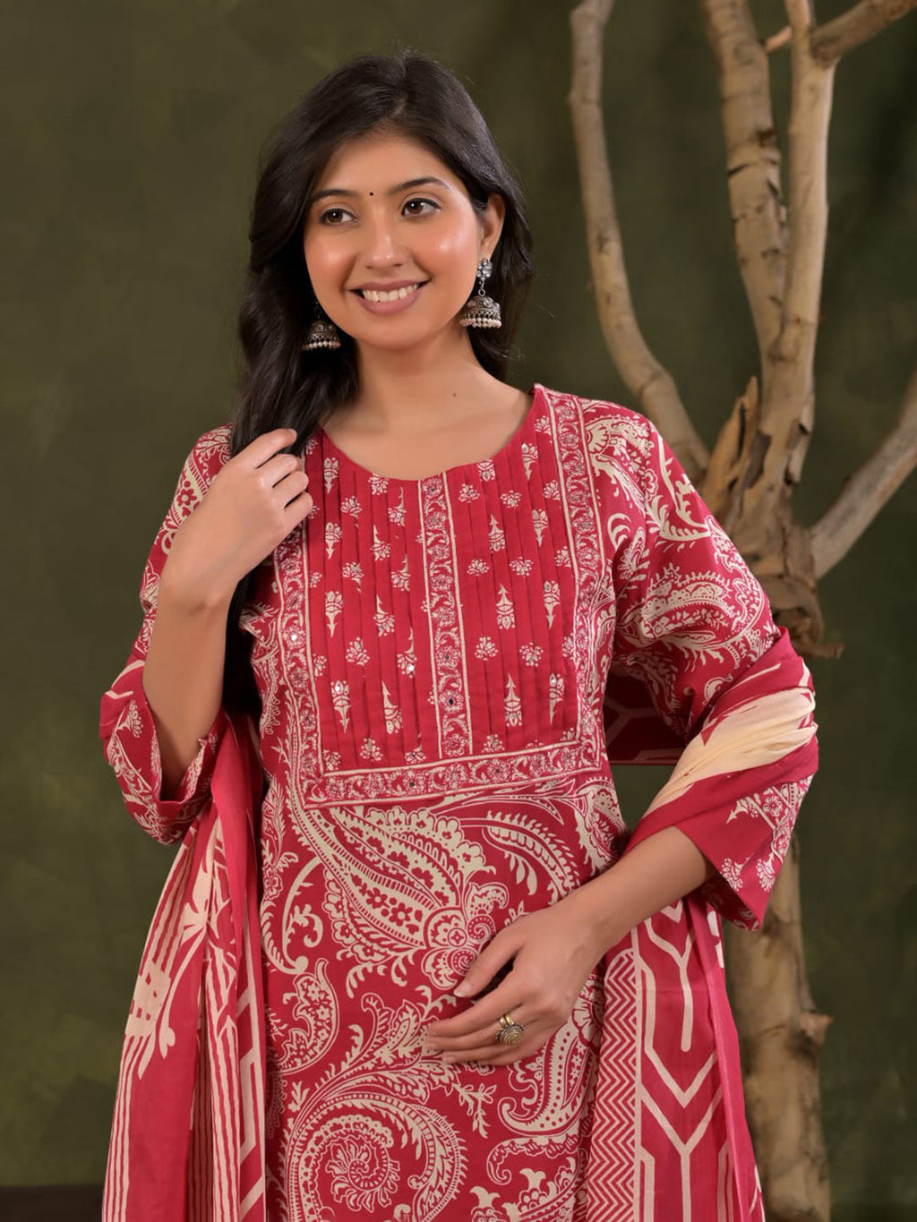 Magenta Embroidered Cotton Blend Straight Suit Set With Dupatta