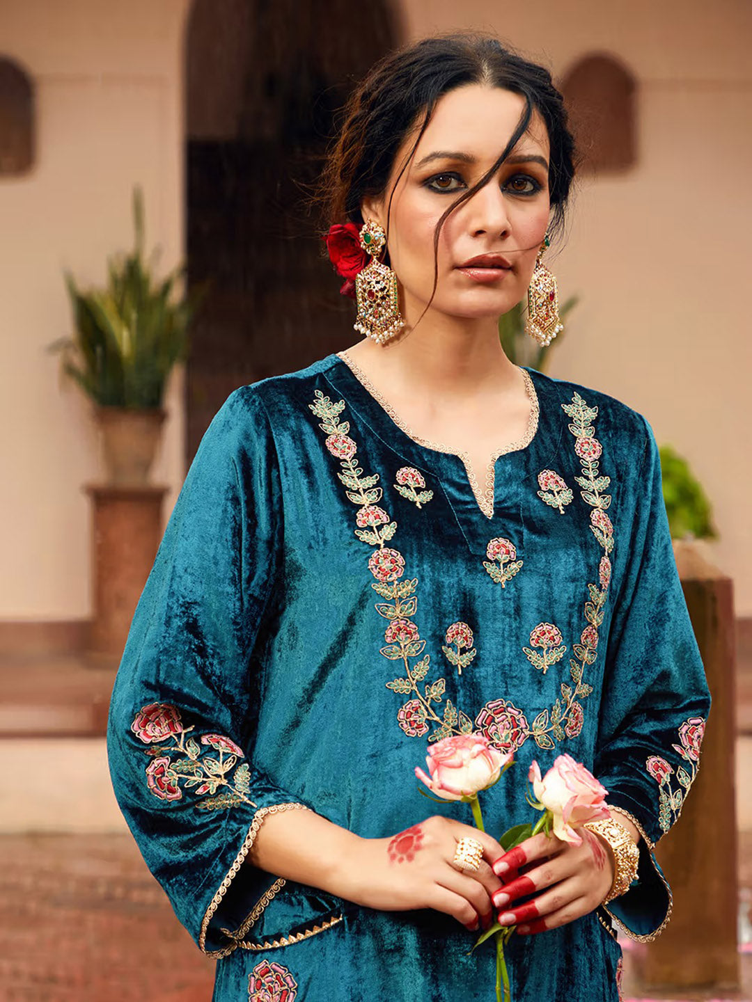 Embroidered Velvet Kurta With Pants &amp; Dupatta