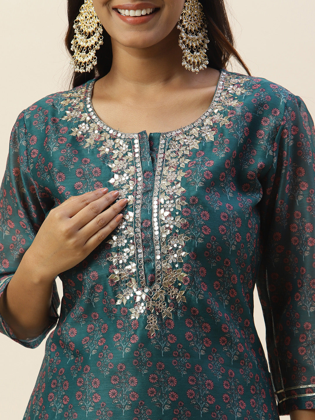 Printed &amp; Yoke Embroidered Chanderi Kurta With Pants