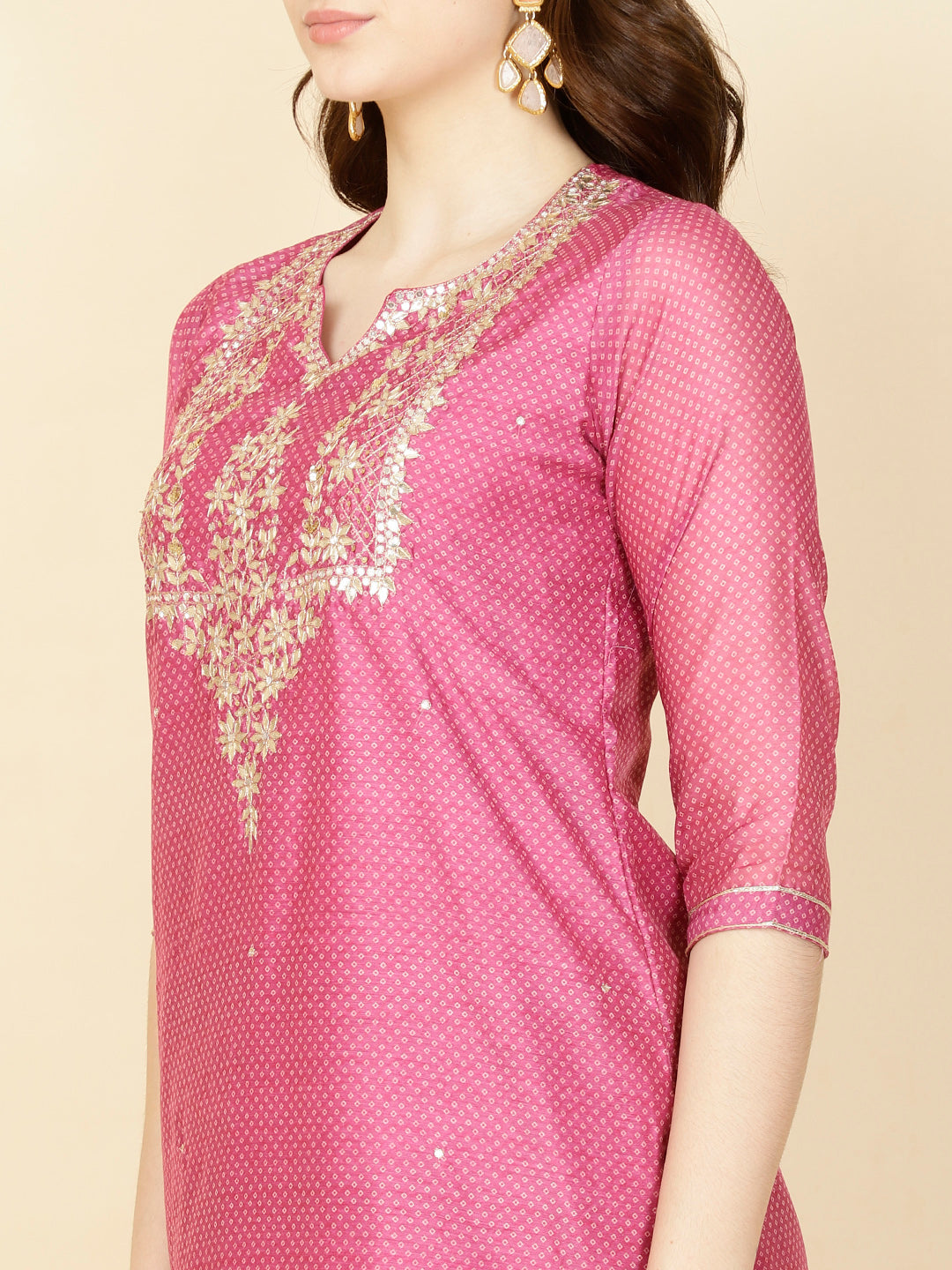 Neck Gota Patti &amp; Printed Chanderi Kurta With Pants &amp; Dupatta