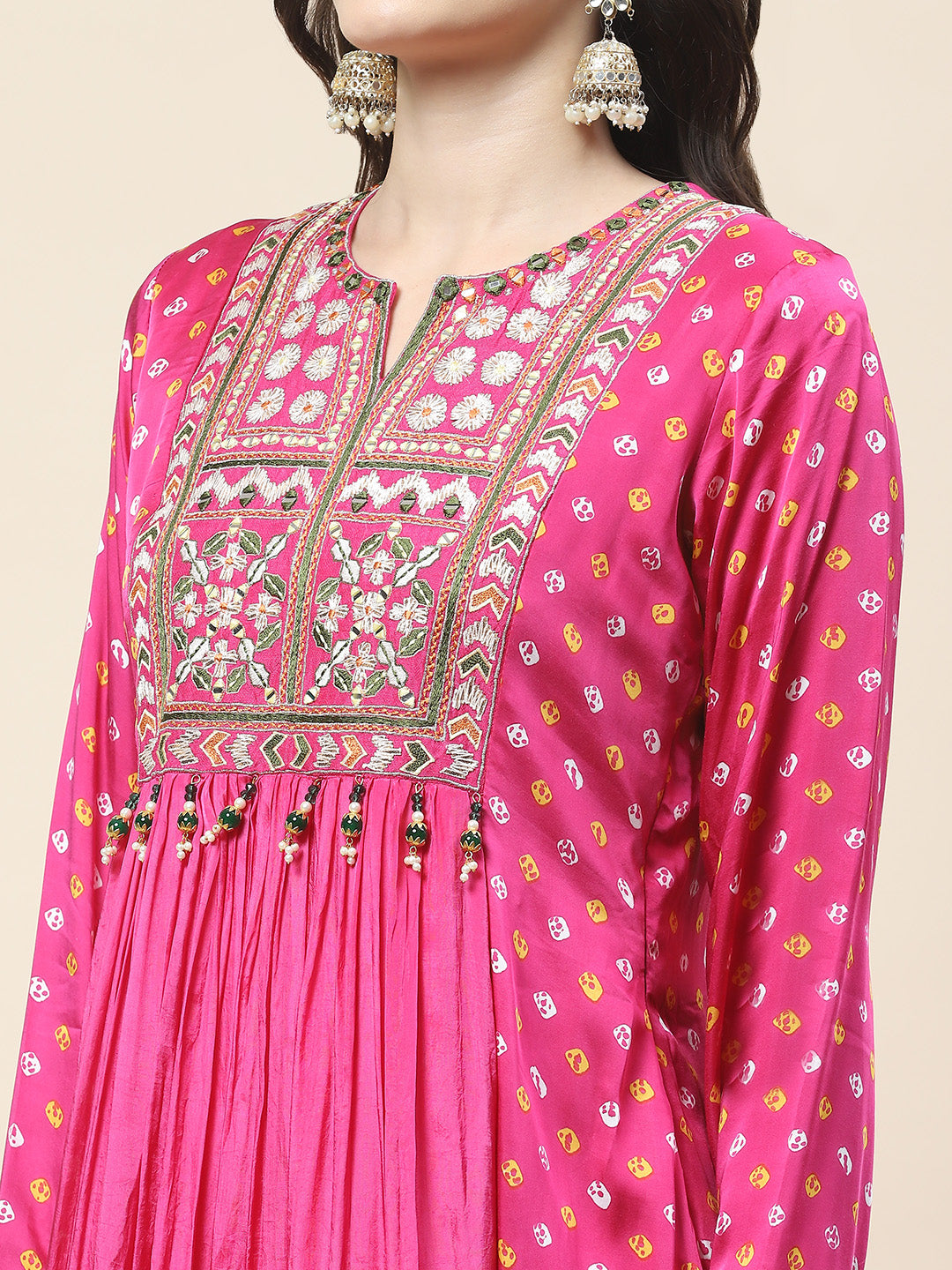 Bandhani Printed Crepe Kurta With Pants &amp; Dupatta