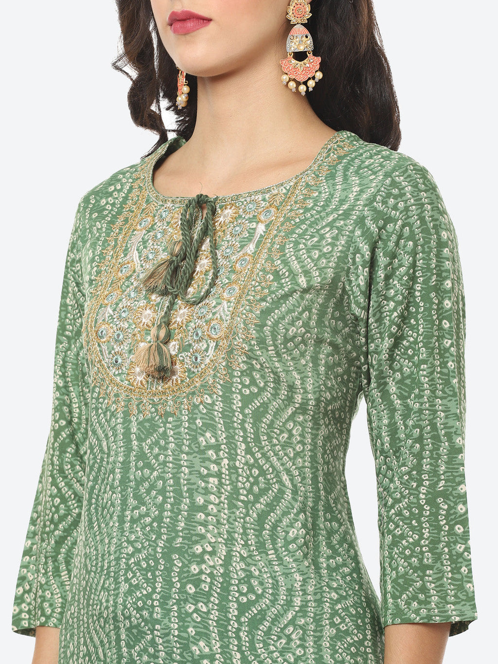 Yoke Embroided Bandhani Printed Cotton Kurti