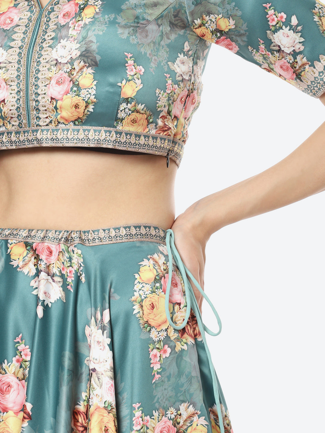 Floral Digital Printed Satin Choli With Lehenga &amp; Crepe Dupatta