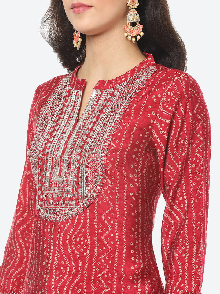 Zari Embroidered Bandhej Printed Muslin Kurti With Pant