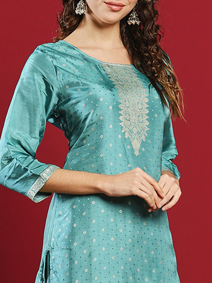 Embroidered Cotton Kurta With Pant &amp; Dupatta