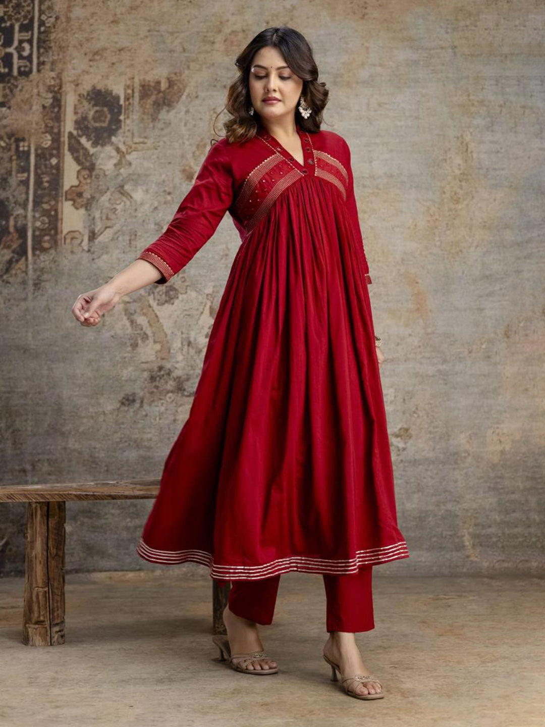 Maroon Cotton Blend Embroidered Straight Suit Set