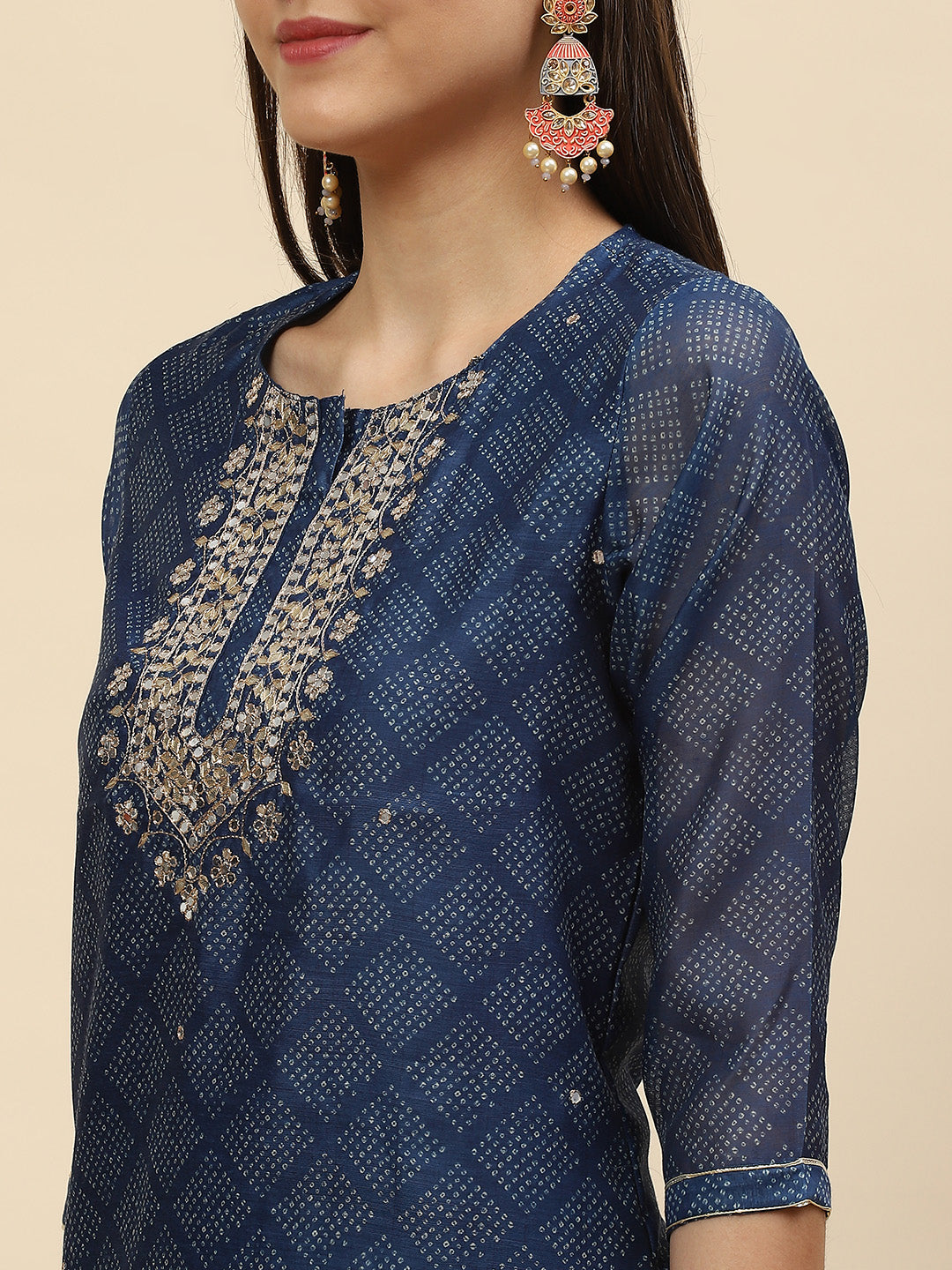 Mirror Embroidered &amp; Printed Chanderi Kurta With Pants