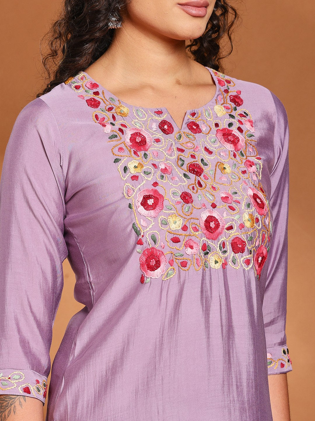 Lavender Cotton Blend Embroidered A Line Suit Set