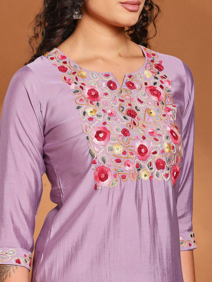 Lavender Cotton Blend Embroidered A Line Suit Set