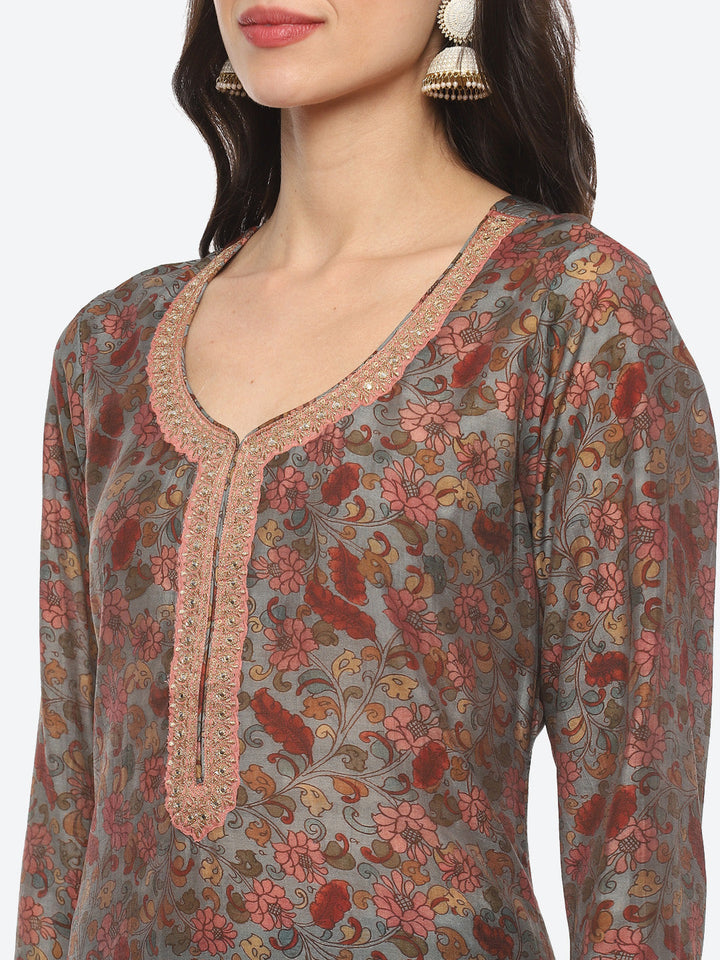 Sequin Yoke Printed Muslin Kurta With Pant