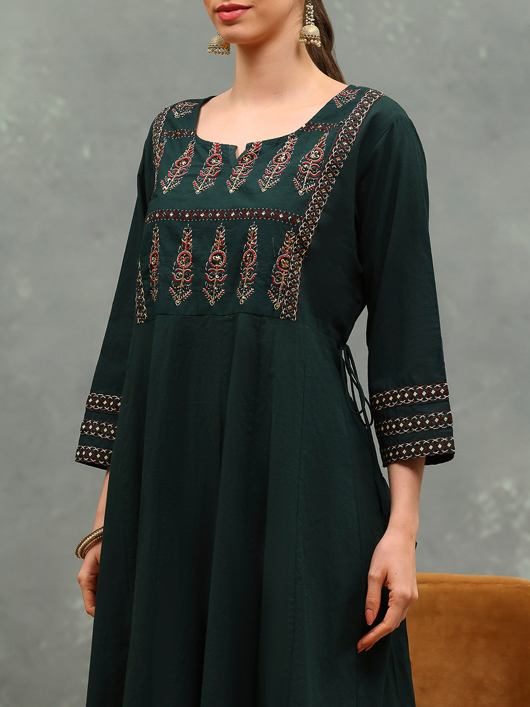 Embroidered Cotton Kurta With Pants &amp; Dupatta
