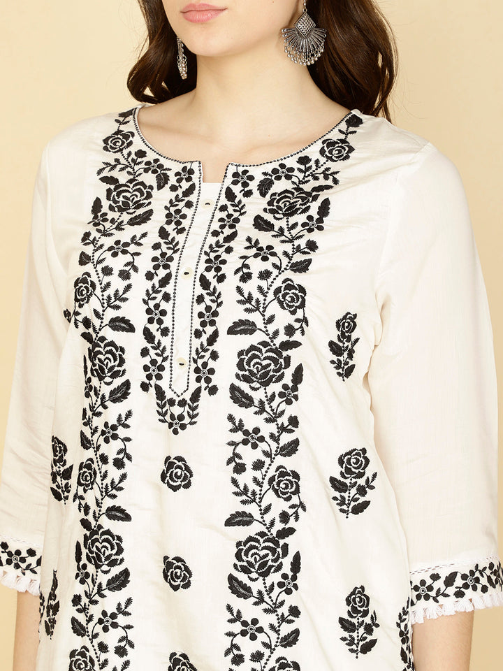 Resham Embroidery Cotton Kurta With Pants &amp; Dupatta