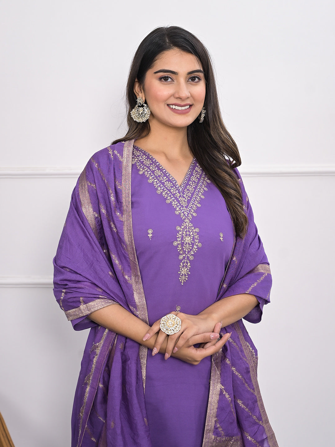 Neck Embroidery Muslin Kurta With Pants &amp; Dupatta