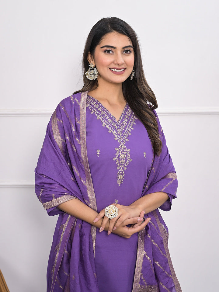 Neck Embroidery Muslin Kurta With Pants &amp; Dupatta