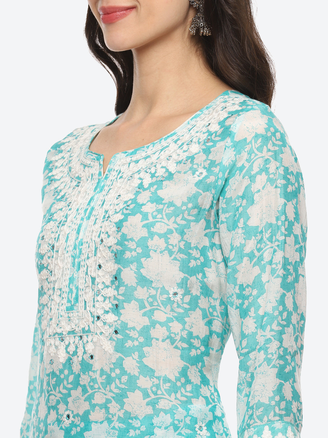 Resham Mirror Yoke Printed Muslin Kurta With Pant