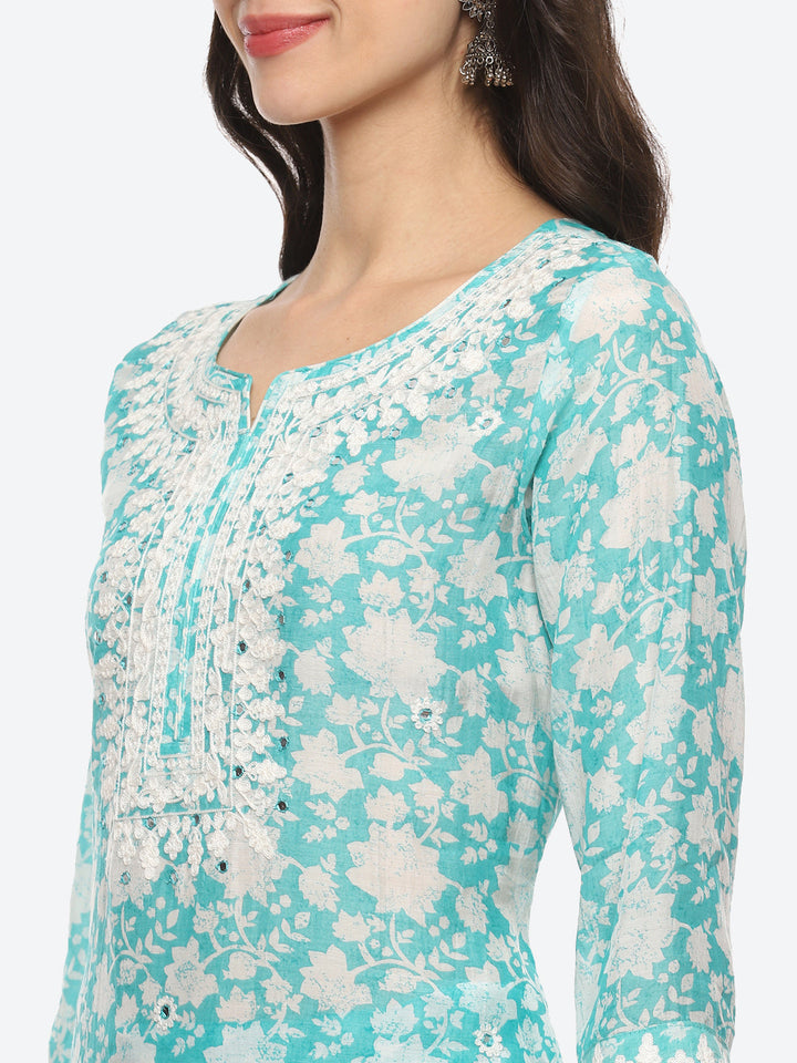 Resham Mirror Yoke Printed Muslin Kurta With Pant