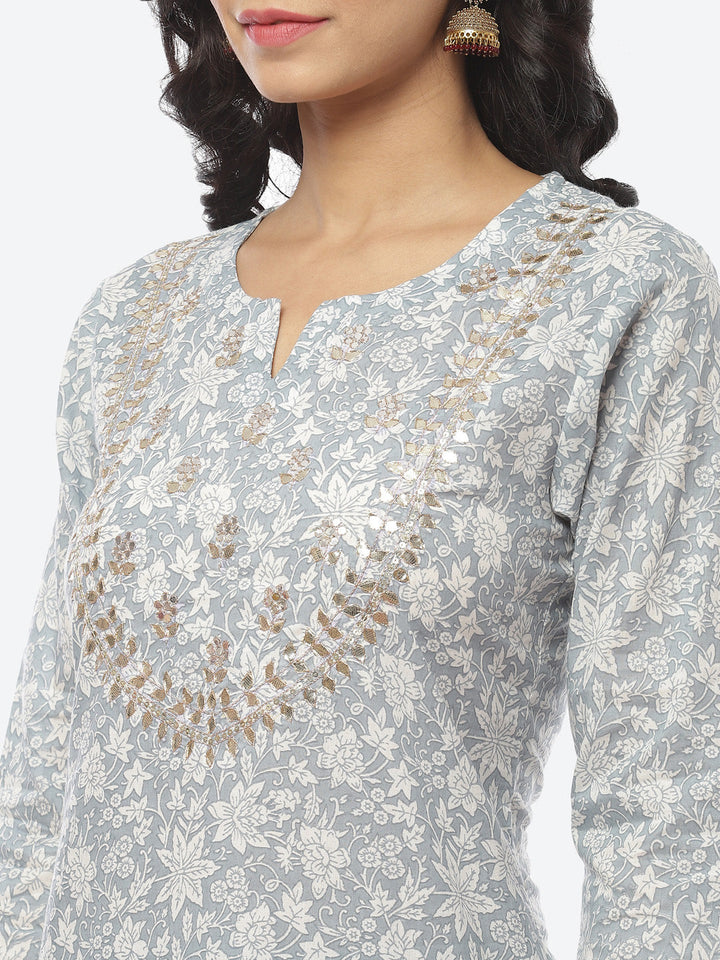 Printed Gota Neck Cotton With Pant