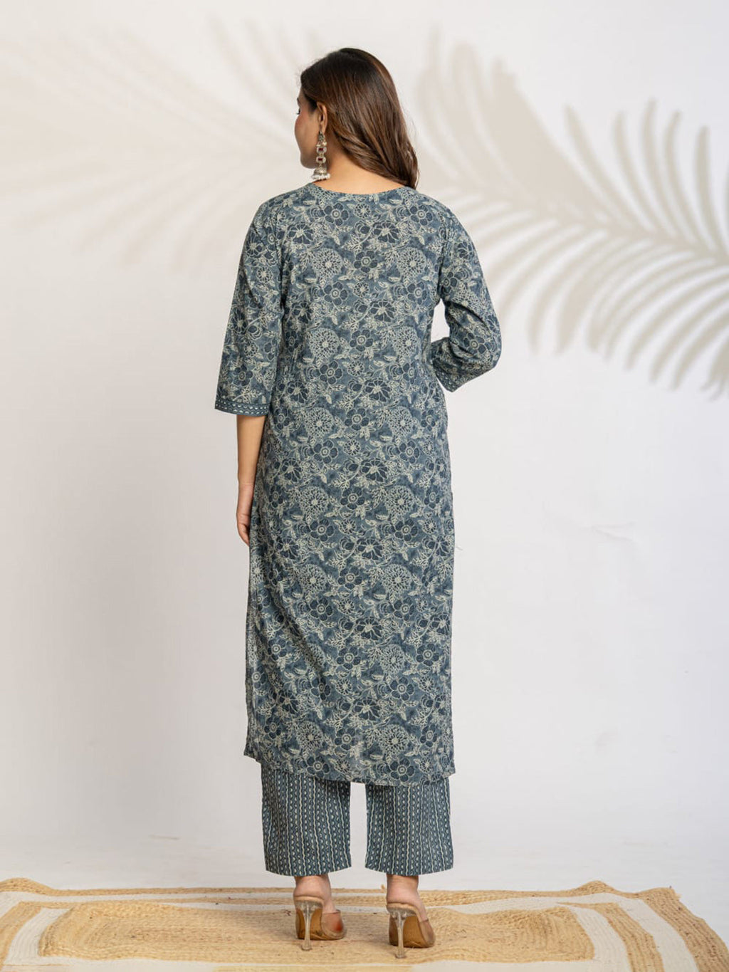 Grey Embroidered Cotton Blend Straight Suit Set With Dupatta