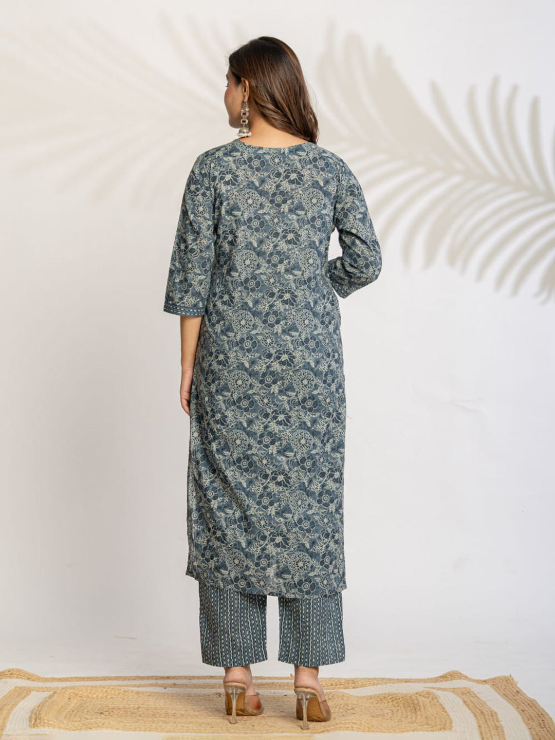 Grey Embroidered Cotton Blend Straight Suit Set With Dupatta