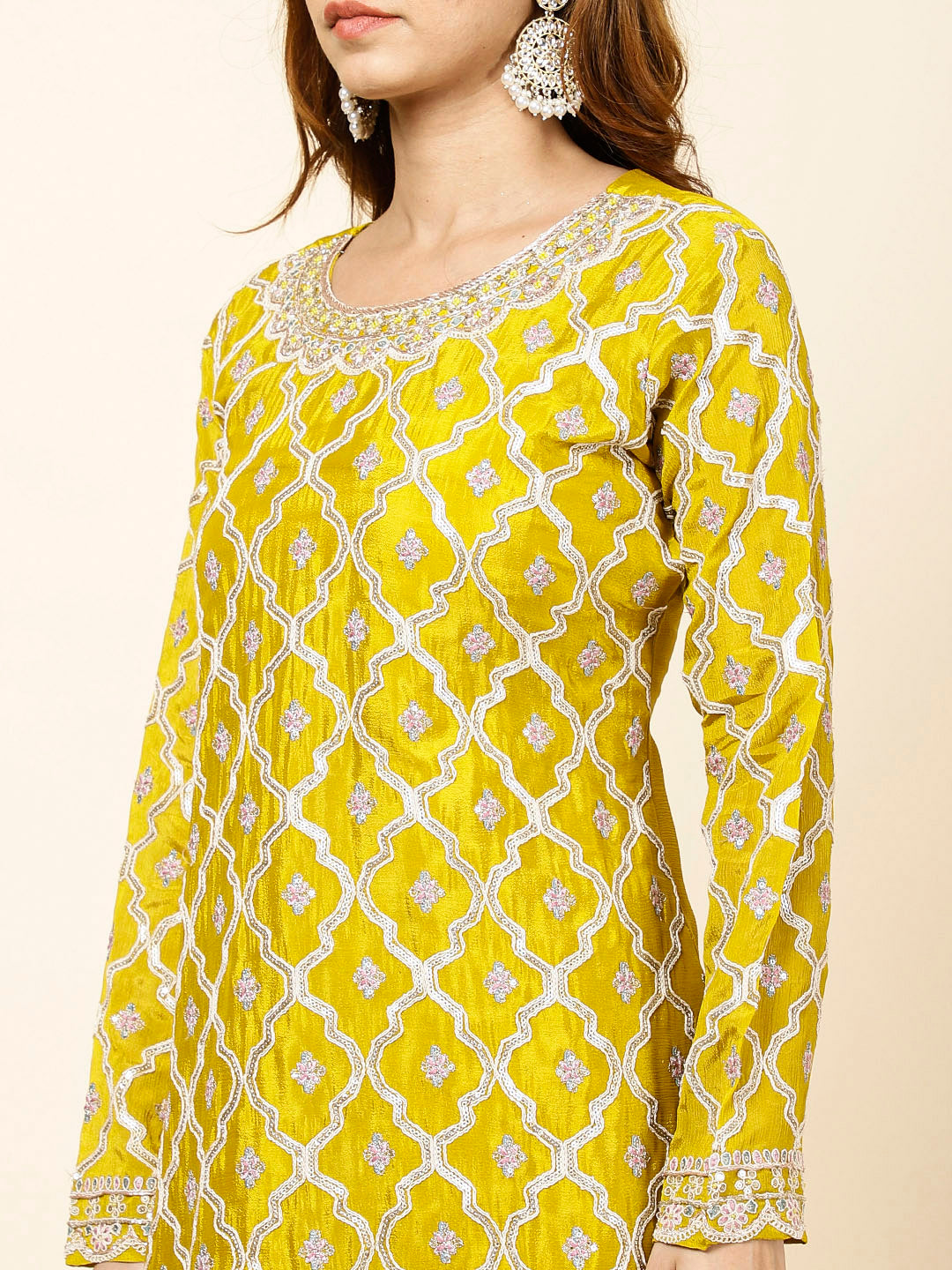 Embroidered Crepe Kurta With Lehenga &amp; Dupatta