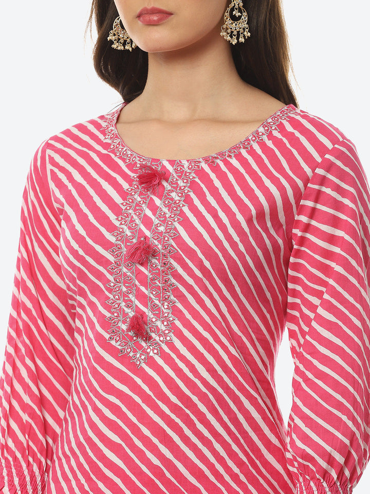 Printed Neck Embroidered Cotton Kurta With Pant