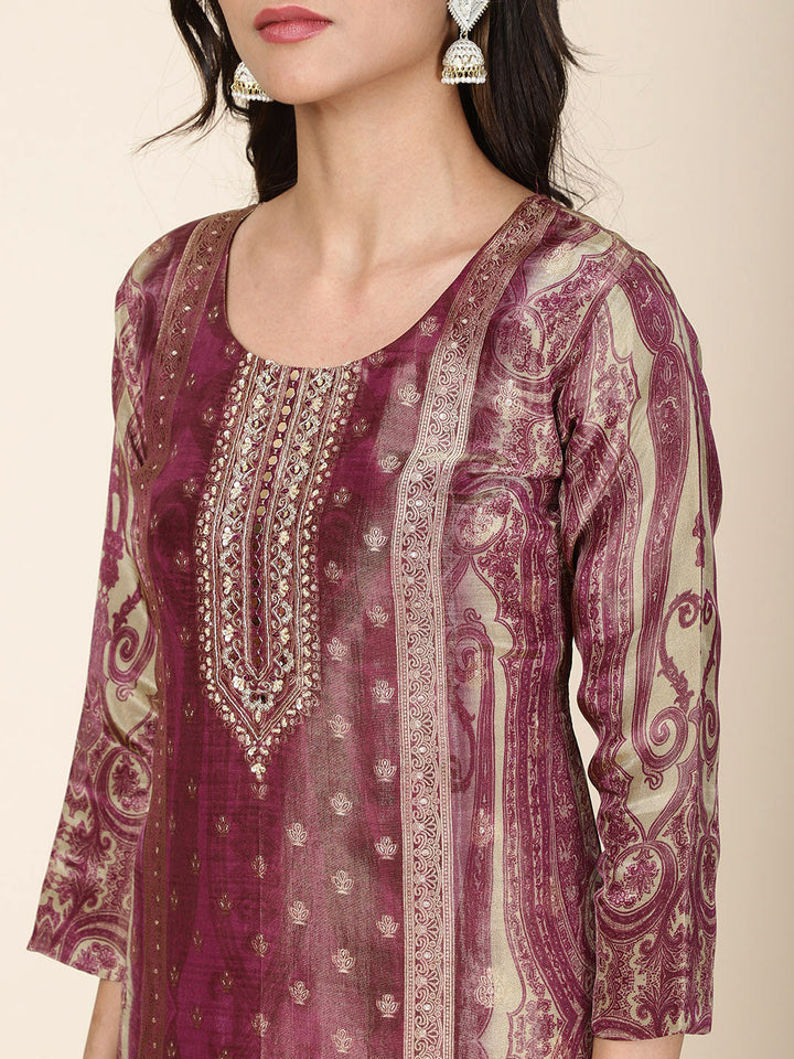 Neck Embroidery Tissue Kurta With Pants &amp; Dupatta