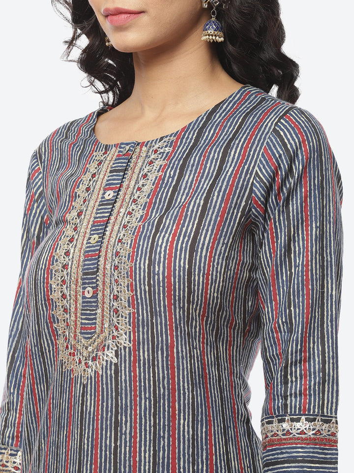 Printed Zari Neck Cotton Kurti With Afghani Pant