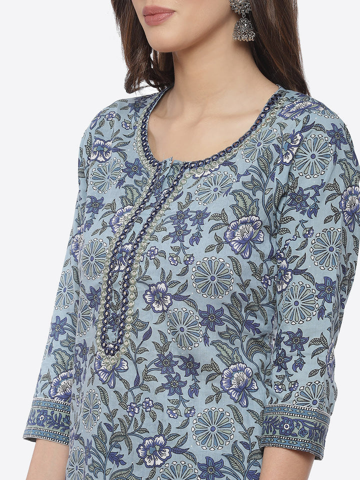 Floral Printed Cotton Kurta With Printed Pant