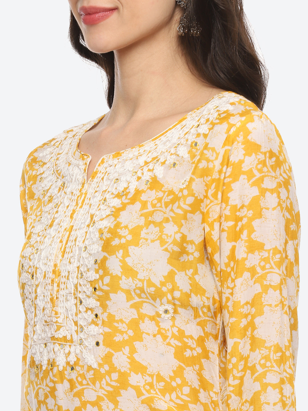 Resham Mirror Yoke Printed Muslin Kurta With Pant