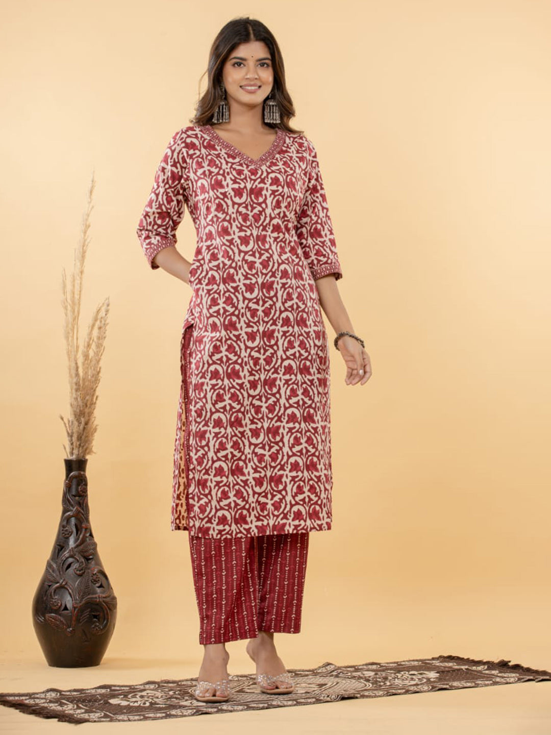 Red Embroidered Cotton Blend Straight Suit Set With Dupatta
