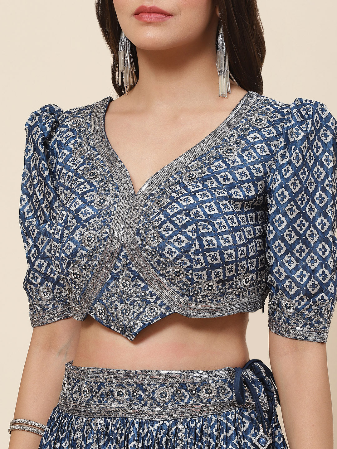 Printed Sequin Embroidered Crepe Choli With Lehenga &amp; Net Dupatta