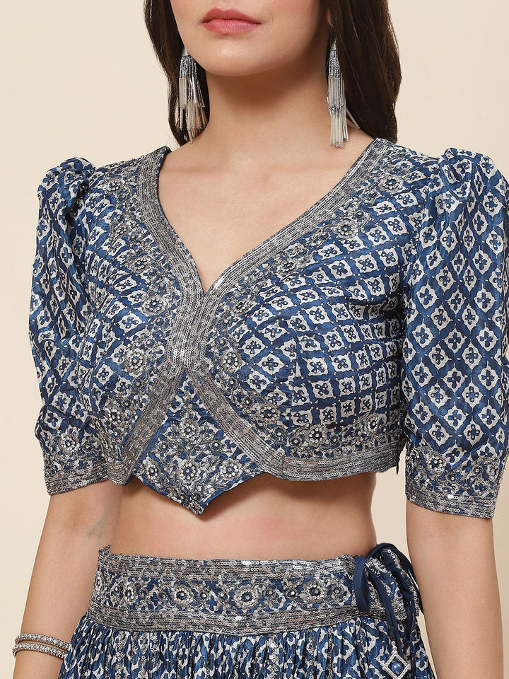 Printed Sequin Embroidered Crepe Choli With Lehenga &amp; Net Dupatta