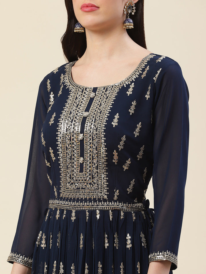 Resham Sequin Booti Georgette Kurta With Palazzo &amp; Dupatta