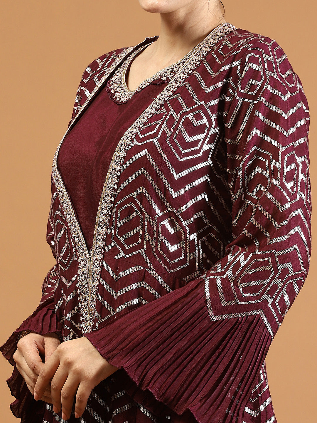 Gota Embroidery Crepe Kurta With Jacket &amp; Dupatta