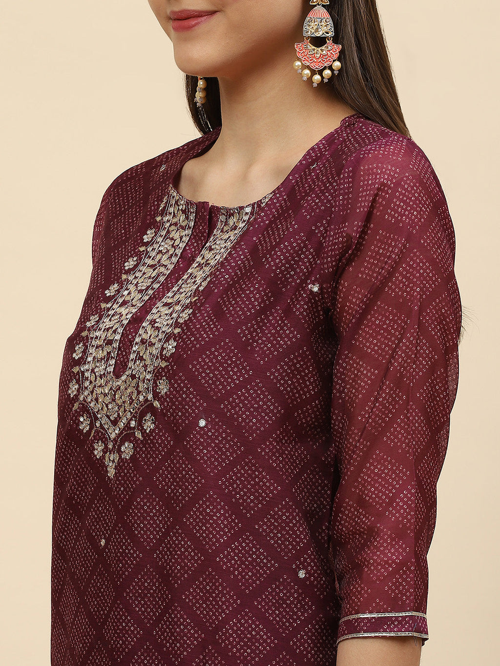 Mirror Embroidered & Printed Chanderi Kurta With Pants