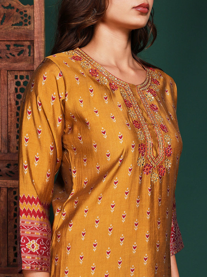 Floral Printed Art Silk Kurta With Pant &amp; Dupatta