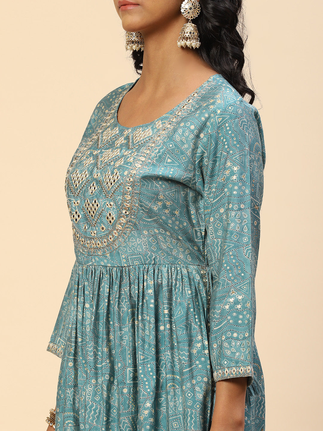 Embroidered Mirror Neck Printed Muslin Kurta With Pants