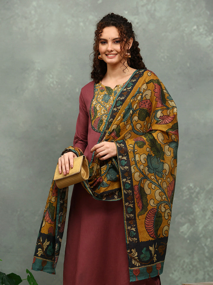 Printed Cotton Blend Kurta With Pants &amp; Dupatta