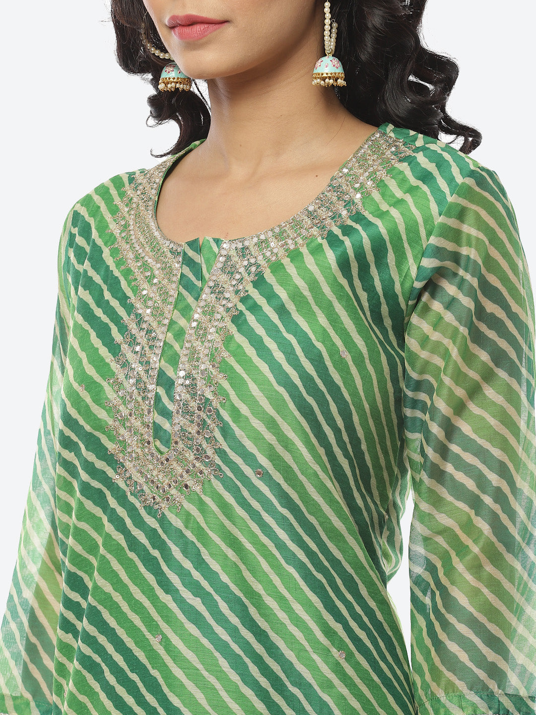 Printed Neck Embroidered Chanderi Kurti With Pant