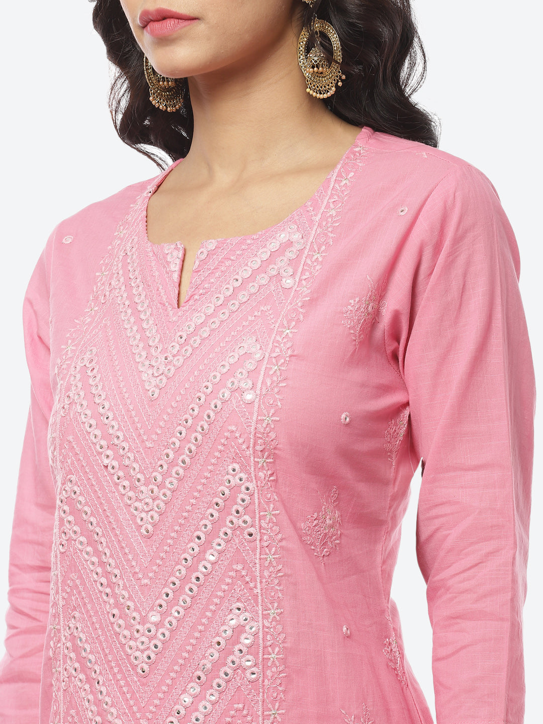 Resham Mirror Cotton Stitched Salwar Kameez With Printed Cotton Dupatta
