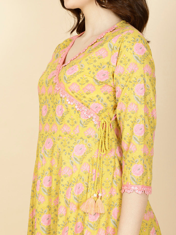 Floral Printed Cotton Anarkali Kurta With Pants