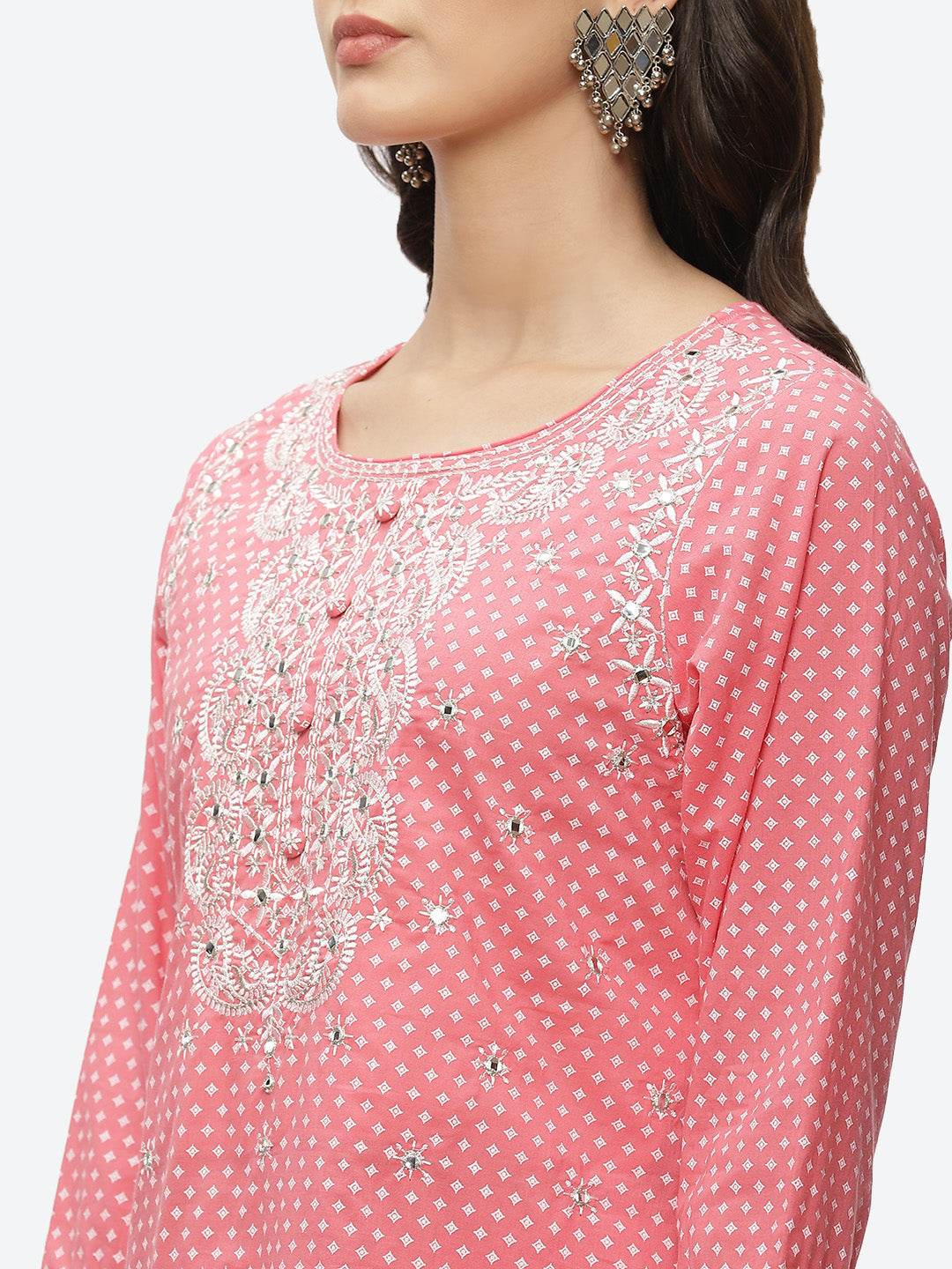 Mirror Neck Embroidered Cotton Kurta With Palazzo