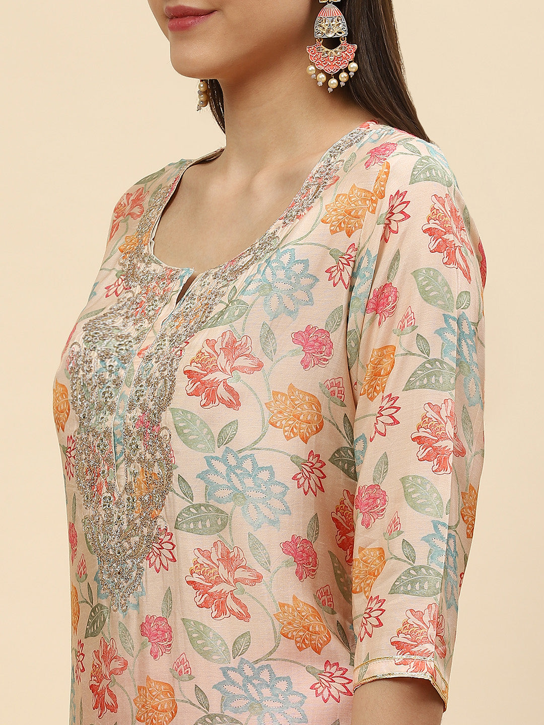 Zari Embroidered &amp; Printed Cotton Kurta With Pants