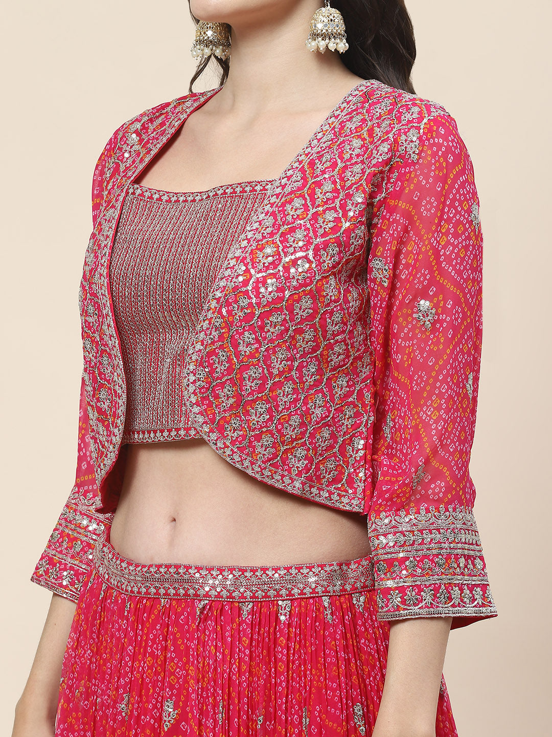 Bandhani Print Georgette Choli With Jacket, Choli &amp; Dupatta