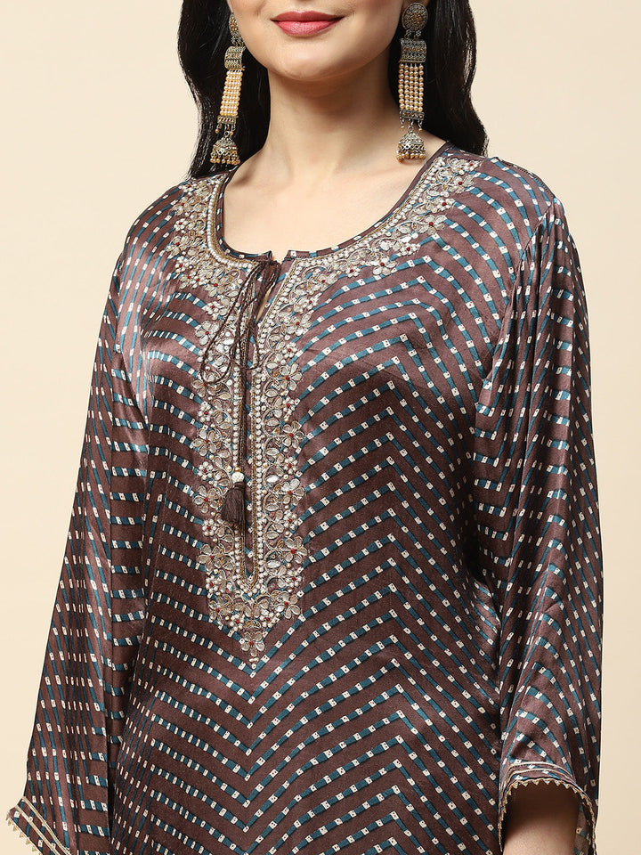 Printed With Yoke Embroidered Satin Kurta