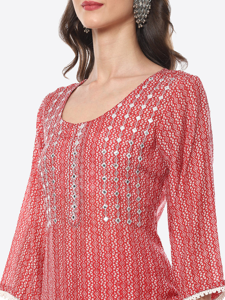 Mirror Neck Embroidered Printed Muslin Kurta With Palazzo
