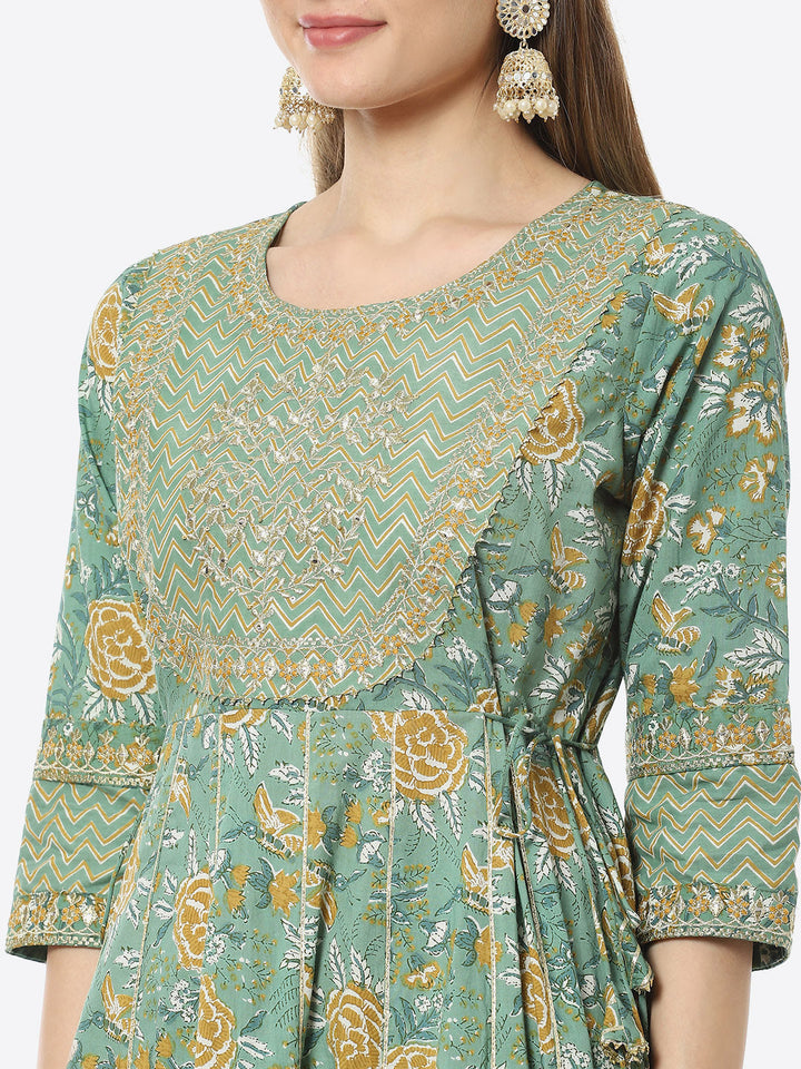 Zari Neck Embroidered Booti Printed Cotton Anarkali Kurta With Pant